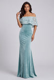 Light Blue Mermaid Off the Shoulder Velvet Long Formal Dress with Lace Appliques