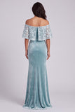 Light Blue Mermaid Off the Shoulder Velvet Long Formal Dress with Lace Appliques