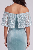 Light Blue Mermaid Off the Shoulder Velvet Long Formal Dress with Lace Appliques