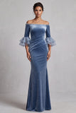 Dusty Blue Mermaid Off the Shoulder Velvet Ruched Ruffled Sleeves Long Formal Dress with Rhinestones
