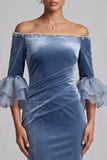 Dusty Blue Mermaid Off the Shoulder Velvet Ruched Ruffled Sleeves Long Formal Dress with Rhinestones