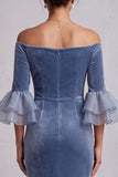 Dusty Blue Mermaid Off the Shoulder Velvet Ruched Ruffled Sleeves Long Formal Dress with Rhinestones