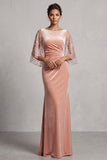 Peach Velvet Mermaid Bateau Neck Ruched Long Formal Dress with Sequins