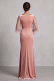 Peach Velvet Mermaid Bateau Neck Ruched Long Formal Dress with Sequins