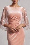 Peach Velvet Mermaid Bateau Neck Ruched Long Formal Dress with Sequins