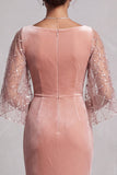 Peach Velvet Mermaid Bateau Neck Ruched Long Formal Dress with Sequins