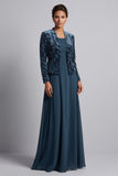 Peacock Blue 2-Piece A-Line Long Mother of the Bride Dress with Velvet Bolero Jacket
