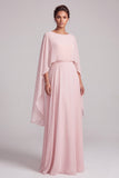 Blush A-Line Chiffon Bateau Neck Cape Long Mother of the Bride Dress with Beading