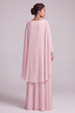 Blush A-Line Chiffon Bateau Neck Cape Long Mother of the Bride Dress with Beading