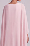Blush A-Line Chiffon Bateau Neck Cape Long Mother of the Bride Dress with Beading