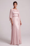 Blush Sheath Round Neck Cape Sleeves Chiffon Long Mother of the Bride Dress with Beading