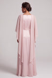 Blush Sheath Round Neck Cape Sleeves Chiffon Long Mother of the Bride Dress with Beading