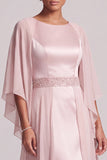 Blush Sheath Round Neck Cape Sleeves Chiffon Long Mother of the Bride Dress with Beading