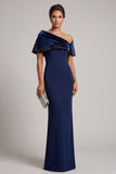 Dark Blue Mermaid Asymmetrical Off the Shoulder Velvet Long Formal Dress with Rhinestones
