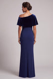 Dark Blue Mermaid Asymmetrical Off the Shoulder Velvet Long Formal Dress with Rhinestones