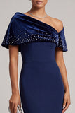 Dark Blue Mermaid Asymmetrical Off the Shoulder Velvet Long Formal Dress with Rhinestones