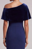 Dark Blue Mermaid Asymmetrical Off the Shoulder Velvet Long Formal Dress with Rhinestones