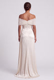 Ivory Sheath Off the Shoulder High Low Satin Ruched Long Formal Dress with Beading