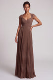Coffee A-Line V-Neck Chiffon Pleated Long Formal Dress with Lace