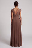 Coffee A-Line V-Neck Chiffon Pleated Long Formal Dress with Lace