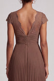 Coffee A-Line V-Neck Chiffon Pleated Long Formal Dress with Lace