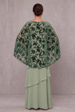 Dusty Sage Sheath Round Neck Tiered Long Mother of the Bride Dress with Burnout Velvet Cape