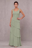 Dusty Sage Sheath Round Neck Tiered Long Mother of the Bride Dress with Burnout Velvet Cape