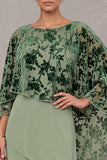 Dusty Sage Sheath Round Neck Tiered Long Mother of the Bride Dress with Burnout Velvet Cape