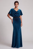 Peacock Blue Sheath Cowl Neck Velvet Long Mother of the Bride Dress with Fringes