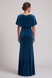 Peacock Blue Sheath Cowl Neck Velvet Long Mother of the Bride Dress with Fringes