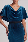 Peacock Blue Sheath Cowl Neck Velvet Long Mother of the Bride Dress with Fringes