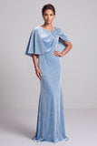 Light Blue Mermaid Cape Velvet Long Formal Dress with 3D Flower
