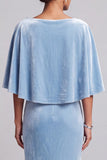 Light Blue Mermaid Cape Velvet Long Formal Dress with 3D Flower