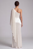 Ivory Sheath One Shoulder Draped Ruched Long Formal Dress with Beaded