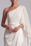 Ivory Sheath One Shoulder Draped Ruched Long Formal Dress with Beaded