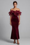 Burgundy Mermaid Ruffled Velvet Off the Shoulder Long Formal Dress
