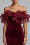 Burgundy Mermaid Ruffled Velvet Off the Shoulder Long Formal Dress