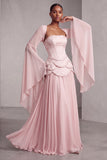 Blush Corset Chiffon Jacquard Beaded Tiered Peplum A-Line Long Prom Dress with Flared Sleeves
