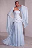 Blush Corset Chiffon Jacquard Beaded Tiered Peplum A-Line Long Prom Dress with Flared Sleeves