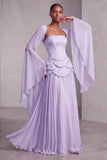 Blush Corset Chiffon Jacquard Beaded Tiered Peplum A-Line Long Prom Dress with Flared Sleeves