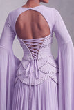 Blush Corset Chiffon Jacquard Beaded Tiered Peplum A-Line Long Prom Dress with Flared Sleeves
