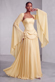 Blush Corset Chiffon Jacquard Beaded Tiered Peplum A-Line Long Prom Dress with Flared Sleeves