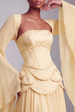 Blush Corset Chiffon Jacquard Beaded Tiered Peplum A-Line Long Prom Dress with Flared Sleeves
