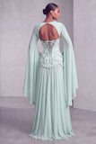 Blush Corset Chiffon Jacquard Beaded Tiered Peplum A-Line Long Prom Dress with Flared Sleeves
