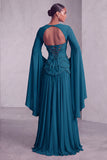 Blush Corset Chiffon Jacquard Beaded Tiered Peplum A-Line Long Prom Dress with Flared Sleeves