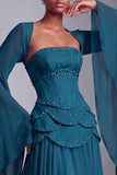 Blush Corset Chiffon Jacquard Beaded Tiered Peplum A-Line Long Prom Dress with Flared Sleeves