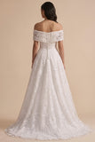 White A-Line Off the Shoulder Embroidered Sequins Maxi Wedding Dress