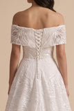 White A-Line Off the Shoulder Embroidered Sequins Maxi Wedding Dress