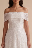 White A-Line Off the Shoulder Embroidered Sequins Maxi Wedding Dress