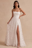 White A-Line Embroidery Ruched Strapless Satin Long Wedding Dress with Side Slit